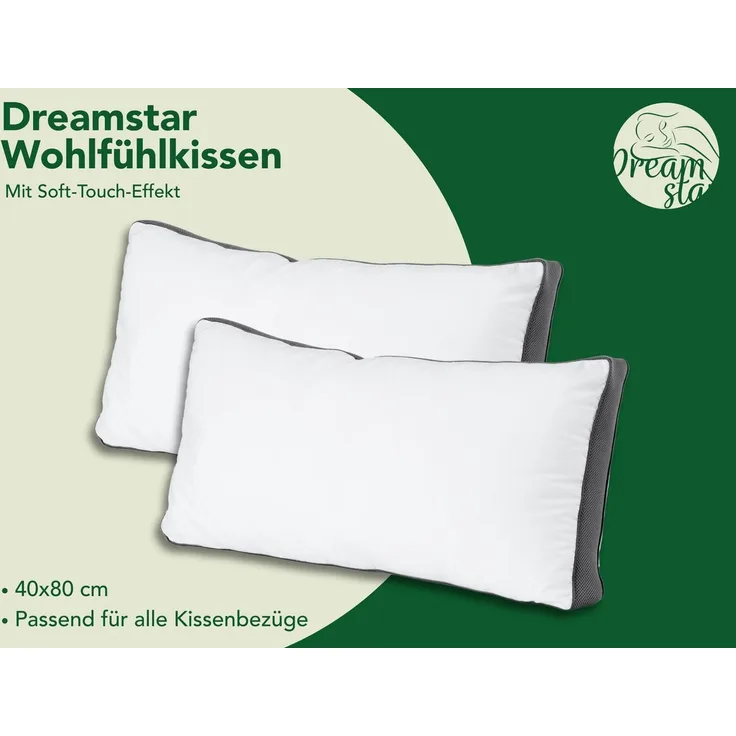 Dreamstar Kopfkissen Wohlfühlkissen, einzeln oder als 2er-Set, stützend und entlastend, Füllung: hochwertige Hohlfaser-Füllung, Bezug: 47% Lyocell, 53% Baumwolle, Seitenschläfer, Rückenschläfer, Bauchschläfer, 1-tlg, atmungsaktives Klimaband, allergike...