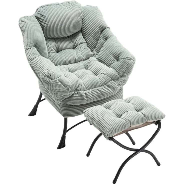 Flieks Loungesessel mit Hocker, ergonomischer Ohrensessel mit Stahlrahmen, weicher Cordstoff, Seitentasche, graugrün – Bild 10