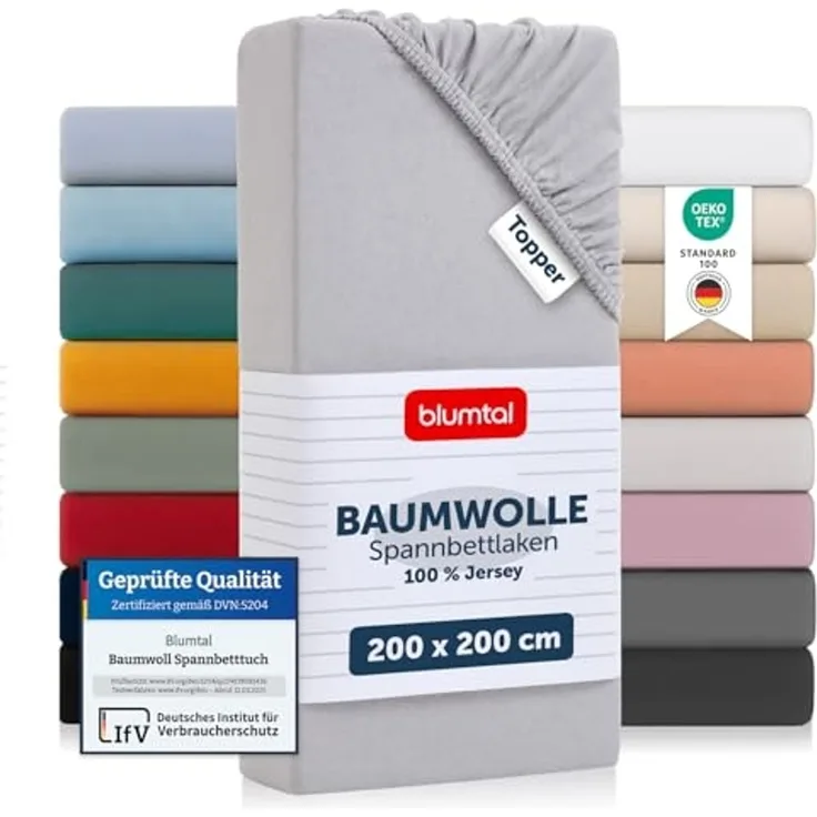 Blumtal® Spannbettlaken für Topper 200x200 cm Basics Jersey - Bettlaken 200x200 cm aus 100% Baumwolle - Oeko-TEX zertifiziertes Spannbetttuch 200x200 cm - Topper Spannbettlaken- Moonlight Grey - Grau