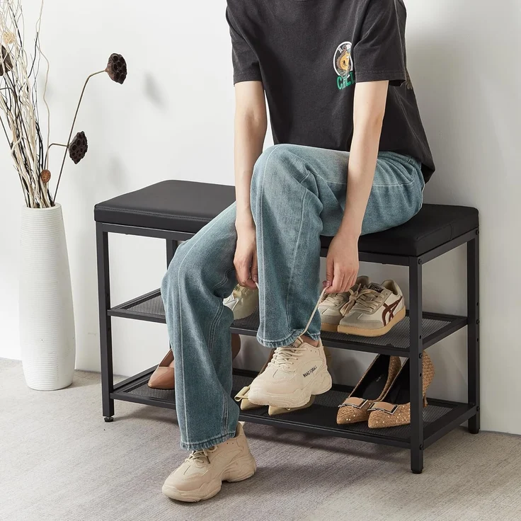 Mondeer Schuhbank Schuhregal (3-stufiges), Gepolsterte Bank mit Kissen und Netzregalen, 80 x 50 x 30 cm – Bild 2