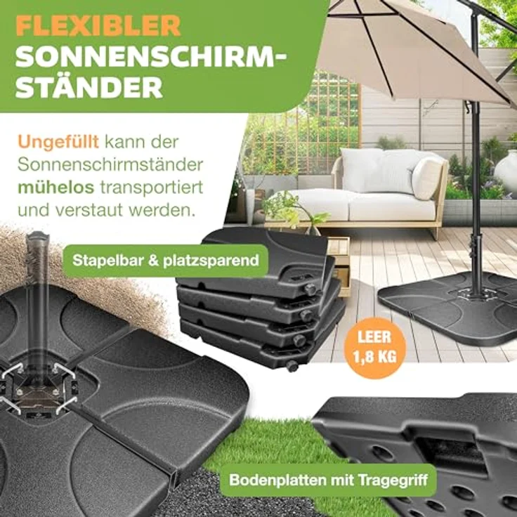 KESSER® Sonnenschirmständer 4-teilig Schirmgewicht Schirmständer für Ampelschirm Bodenkreuz 60 Liter / 80 kg befüllbar mit Wasser oder Sand Inkl. Metallverbinder Ampelschirmständer Kunststoff Schwarz – Bild 3