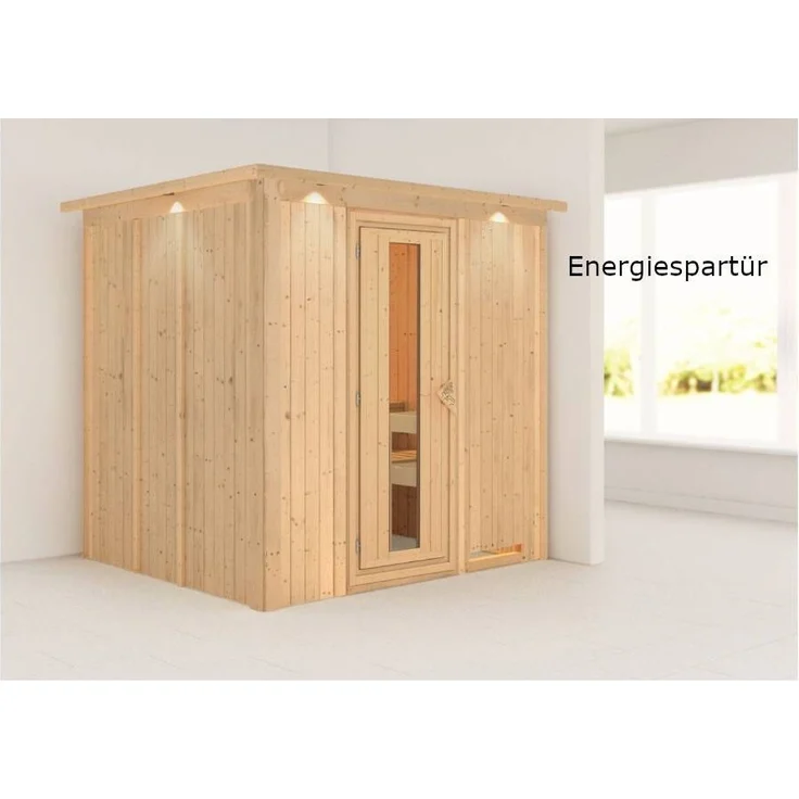 Karibu Sauna Sodin mit Dachkranz + 9kW Saunaofen mit integrierter Steuerung Energiespartür – Bild 4