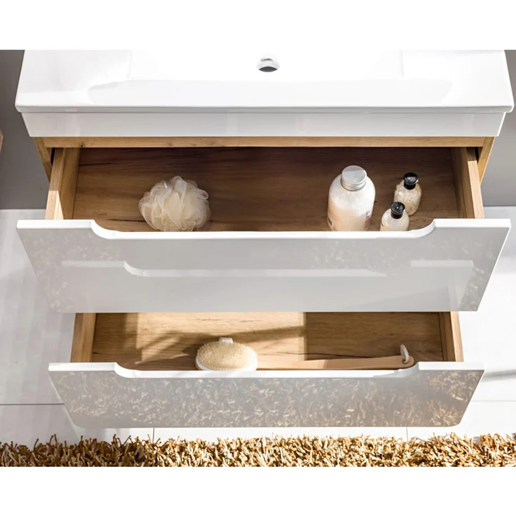 Badmöbel Set in Hochglanz weiß mit Wotan Eiche Nb. LUTON-56 mit LED-Spiegelschrank, B/H/T ca. 130/200/46 cm – Bild 3
