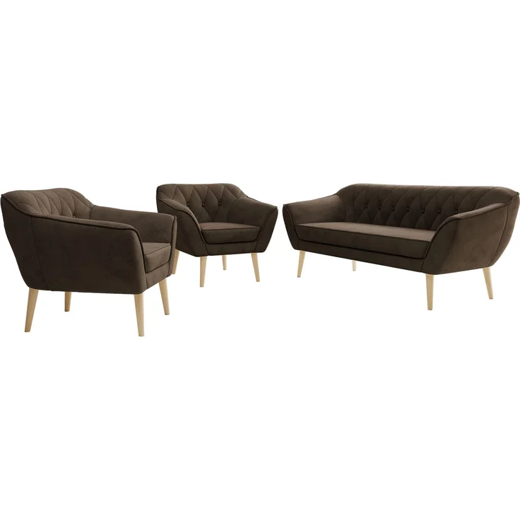 Wohnzimmerset PIRS 1-1-3, Skandinavisches 3-Sitzer Sofa mit Sesseln, Sofa mit Wellenfederung, Buche Füße, Skandinavisches Möbelset - Braun Velvet – Bild 6