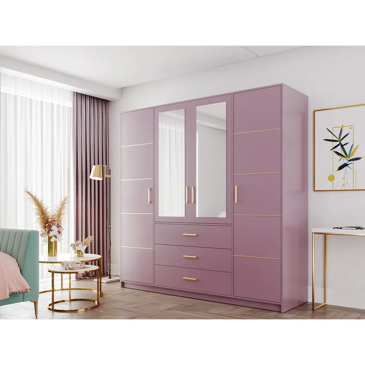 Kleiderschrank Bado II, mit Frontspiegel, Farbe: Pflaume / Pflaume + Gold