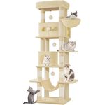 Kratzbaum groß, 170 cm hoch, Katzenbaum, mit 8 Kratzbäume, 2 Höhlen, groß Plattformen, Waschbare Matte, Hängematte, Plüschbälle, mehrstöckiger katzenkratzbaum, Beige