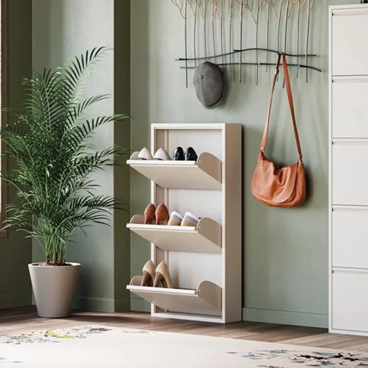 Kare Design Schuhschrank Caruso, Creme, Stahl, mit 3 Klappen, Schuhablage für 6 Paar Schuhe, schmal, platzsparend, hoch, Schuhregal, Eingangsbereich, 104 x 50 x 15 cm (H/B/T) – Bild 6