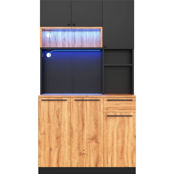 Küchenschrank, Hochschrank mit LED-Beleuchtung und Steckdosen, Vorratsschrank mit 6 Türen und 1 Schubladen, moderner Buffetschrank Sideboard für Küche, Wohnzimmer und Esszimmer, 100 × 40 × 180 cm--Natürlich--100x40x180cm--YOUDENOVA – Bild 10
