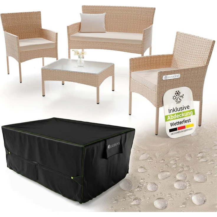 Juskys Polyrattan Gartenmöbel-Set Fort Myers creme inkl. Abdeckung – Sitzgruppe mit Tisch, Sofa & 2 Stühlen - Balkonmöbel für 4 Personen mit sandfarbigen Auflagen – Bild 1