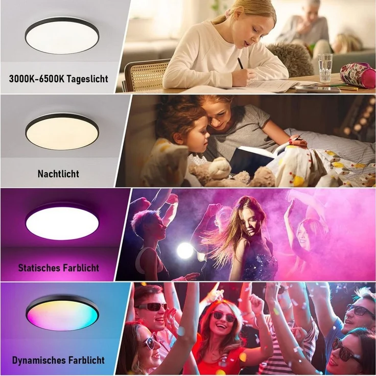 POPOLIC Deckenleuchte Dimmbare Deckenleuchte, rund, flach, 30 cm Durchmesser, 24W LED-Deckenleuchte mit fest integrierter RGB+W Beleuchtung. Voll dimmbar in Helligkeit und Farbtemperatur (3000K-6500K) für vielfältige Einsatzzwecke vom Wohnzimmer bis zu... – Bild 4