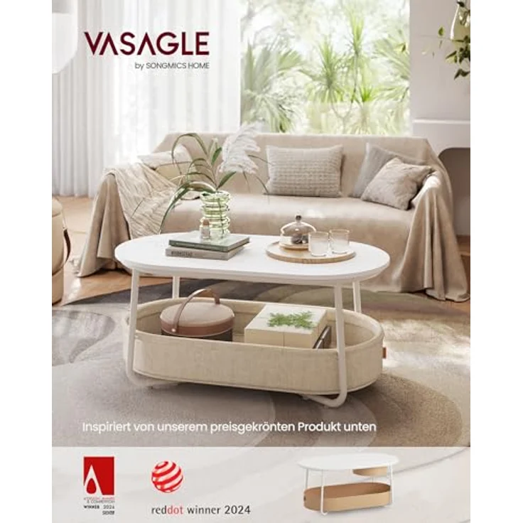 VASAGLE Couchtisch oval, Tisch mit Stauraum, Beistelltisch, Wohnzimmertisch mit Korb aus Stoff, modern, Metallrahmen, mattweiß-Kamelbraun LCT222W10 – Bild 4
