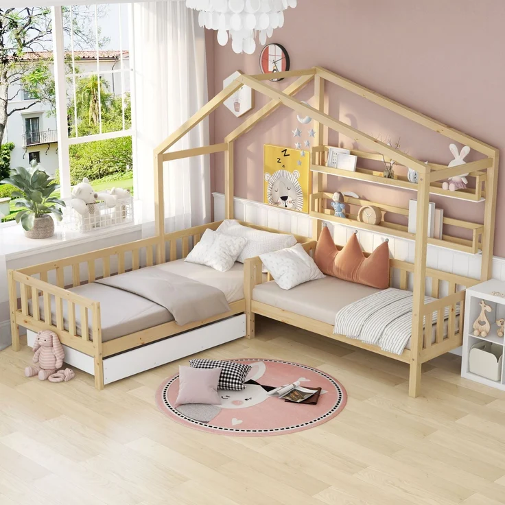U-life Hausbett L-Form 90x200 cm und 140x70 cm, Kinderbett mit Schubladen und Regalen, Massivholz mit Sicherheitszaun und Lattenrost, Natur – Bild 3