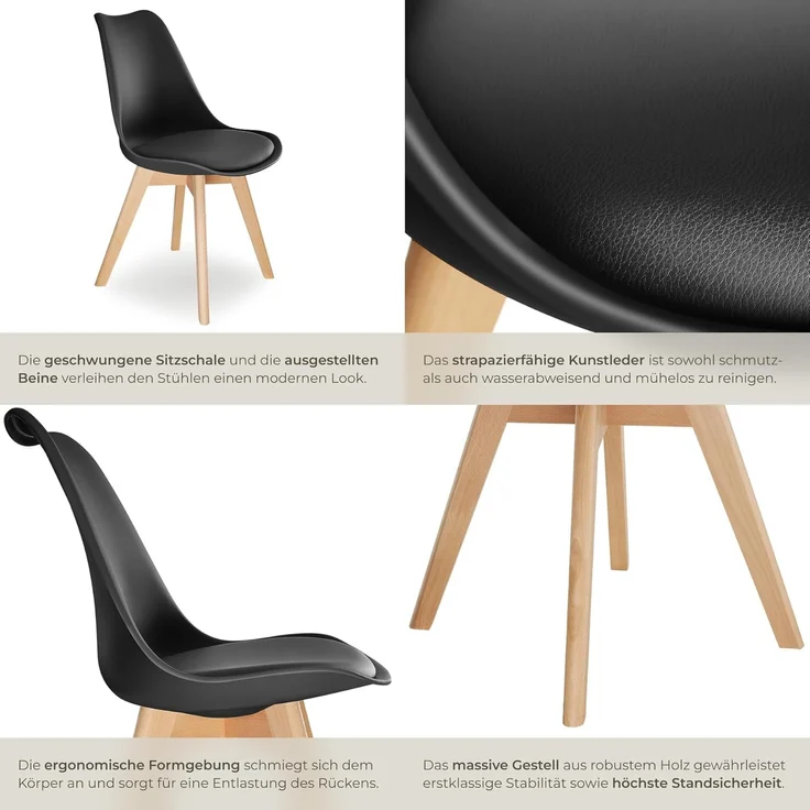 tectake Esszimmerstuhl Küchenstuhl Scandi-Design, gepolsterte Sitzfläche, 49 x 53 x 82 cm (Polsterstuhl Frederikke in schwarz, 6 St), ergonomische Form, massive Holzbeine, bodenschonende Filzgleiter – Bild 7