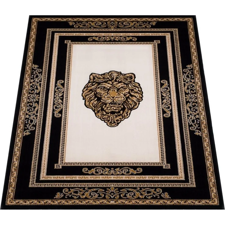 Belle Arti Teppich Teppich Wohnzimmer Wohnzimmerteppich Löwenkopf Löwe Motiv schwarz gold, Kurzflor, Anti-Rutsch, orientalisch, Mäander Muster, Seidenoptik