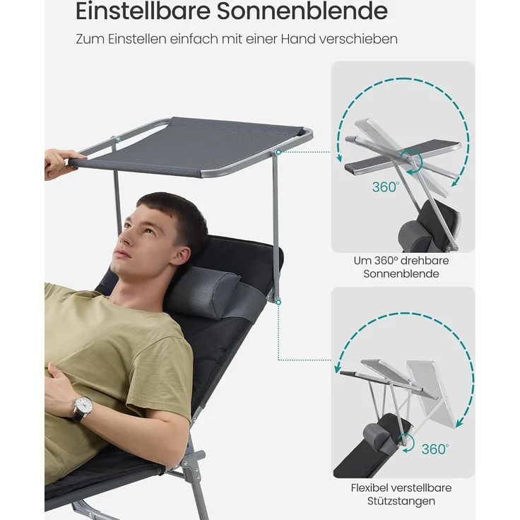 Songmics Sonnenliege, Rückenlehne verstellbar, klappbar, schwarz 53 x 193 x 29,5 cm – Bild 7