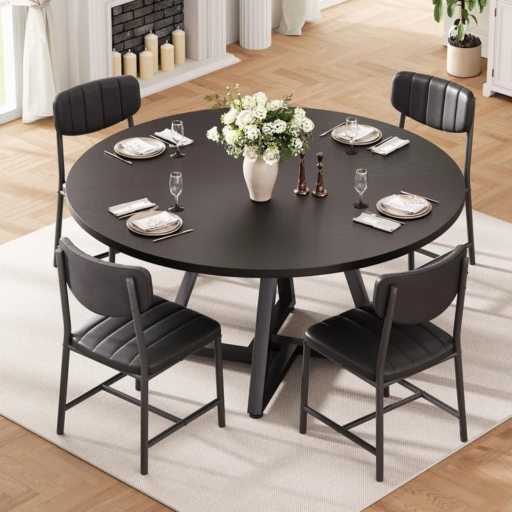 Esstisch Runder und 4 Esszimmerstühle Set, Essgruppe 5-Teilig, Küchentisch mit stabilem Metallgestell und 4 stühle, platzsparender Esszimmertisch aus Holz im Industrial Design (Schwarz, 107cm)