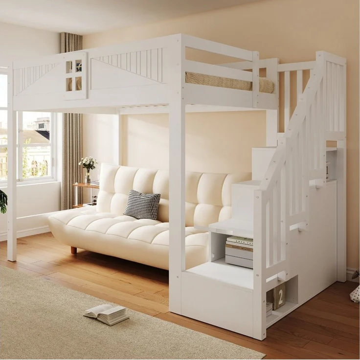 Celya Hochbett Massivholz Multifunktionsbett 140 x 200 cm mit Stauraum (ohne Matratze, Mit Einzigartigem Sicherheitsgitter Mit Fenster) Beidseitig Austauschbarer Aufbewahrungsleiter – Bild 1