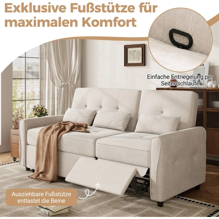 DESVIAE Schlafsofa 3-Sitzer Beige aus Chenille – 176x83x148 cm – Ausziehfunktion, 3-fach verstellbare Rückenlehne – Bild 4