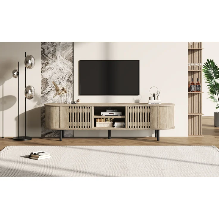 TV-Schrank Lowboard aus MDF mit durchbrochenem Holzdesign & 5 Beinen, für bis zu 65 Zoll, 160x40x47 cm, Naturholz – Bild 5
