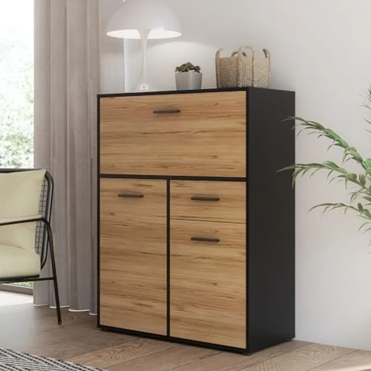Forte MOKKARO Barkommode 95, Barschrank mit 2 Schranktüren, 1 Schublade, 1 Klappschrank, Mauvella Eiche Dekor/Schwarz, 94,7 cm breit, 123,5 cm hoch, 42 cm tief