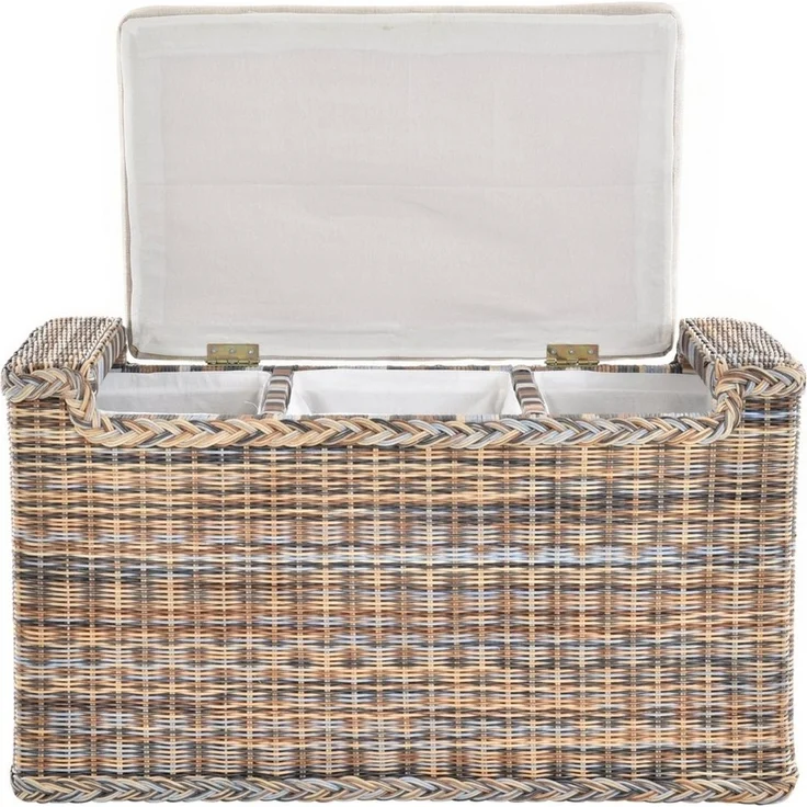 Krines Home Sitztruhe Rattan Wäschetruhe Sitzbank mit Stauraum Wäschesortierer 3 Fächer, mit Deckel – Bild 3
