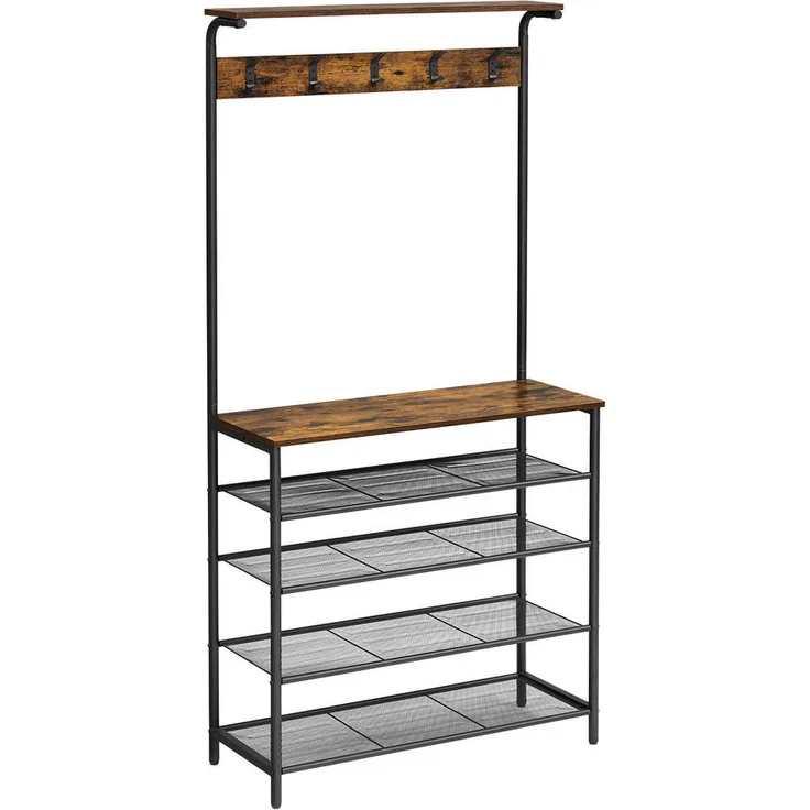 Boxxx Garderobe Vasagle, Vintage Design in Braun und Schwarz, Metall und Holzwerkstoff, 4 Fächer, 80x183.5x31.5 cm