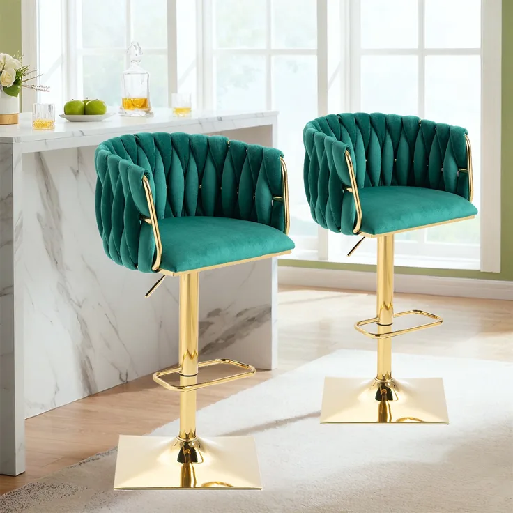 LVHOM Barhocker 2er Set, 360° drehbare moderne Samt-Barstühle, drehbare Küchenhocker, goldene Stuhlbeine