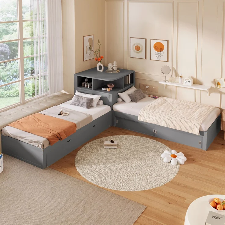 ZUBALIYA Holzbett 90 x 200 cm – Ausziehbett, Stauraum mit Schiebetüren, LED-Beleuchtung, MDF, Kiefer, Grau – Bild 3