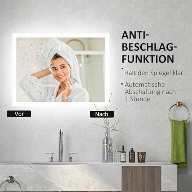 Kleankin Spiegel Badspiegel mit LED-Beleuchtung, Lichtspiegel mit Touchschalter (beschlagfreier Wandspiegel mit 3 Lichtfarben, 1-St, IP44 Wasserdicht), Memory-Funktion, 70cm x 50cm x 3cm – Bild 5