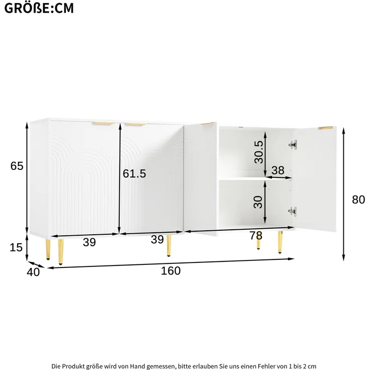 DESVIAE Sideboard mit 4 Türen und verstellbaren Einlegeböden 160x80x40 cm MDF/Spanplatte Weiß – Bild 10