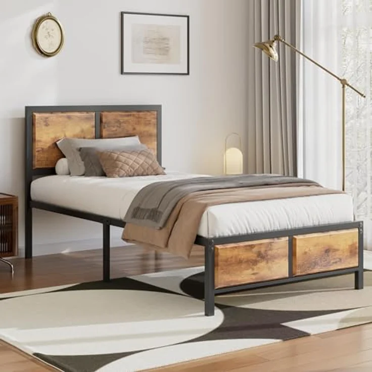 VECELO Bettgestell 90x200 cm, Metallbett mit Dick Holzkopfteil und Lattenrost, Modern Gästebett Jugendbett mit Stauraum Unter Dem Bett, Perfekt für Schlafzimmer, Braun – Bild 4