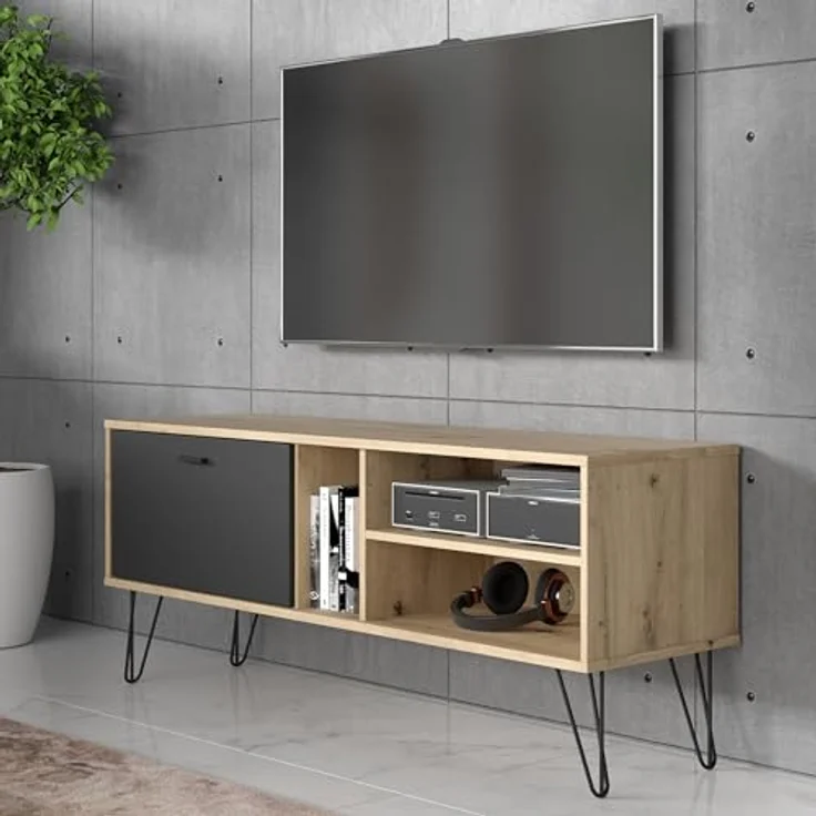 Forte NEYLE TV-Schrank 140, modernes TV-Lowboard, 1 Tür, Holzwerkstoff, Artisan Eiche Holzdekor/Schwarz, 137,8 cm breit x 58,0 cm hoch x 41,5 cm tief – Bild 2