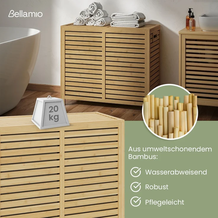Bellamio 'Newa' Wäschesammler, 120 Liter (2x 60 Liter), Bambus, herausnehmbare Wäschesäcke aus Oxford-Gewebe, anthrazit, Wäschekorb mit Deckel – Bild 3