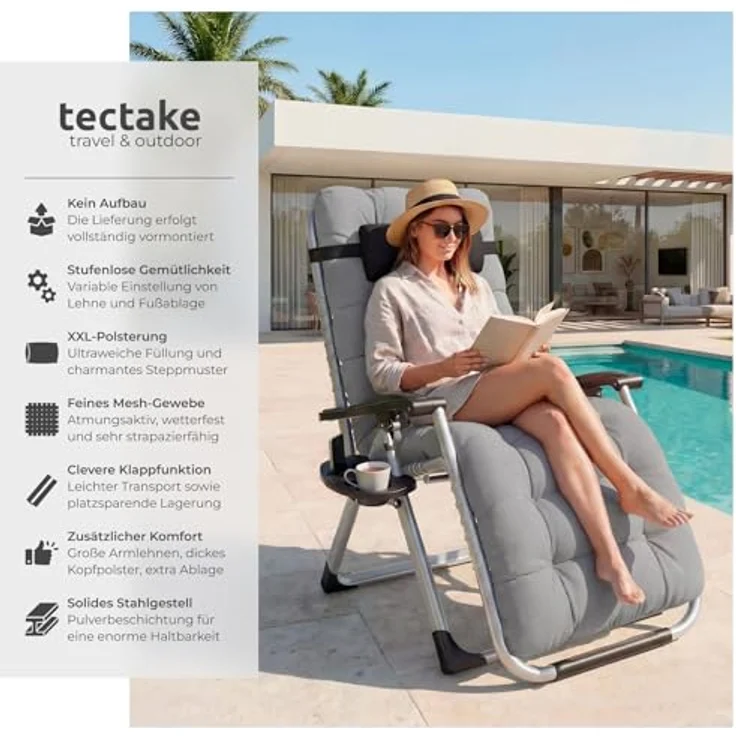 tectake® Sonnenliege klappbar, Liegestuhl, Gartenliege stufenlos verstellbar, Outdoor Sessel für Balkon oder Garten, Liege mit extra Dicker Auflage, Relaxliege belastbar bis 200kg (Hellgrau) – Bild 5