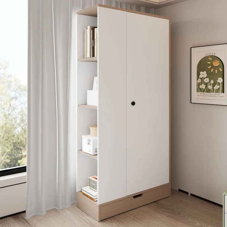 Merax Kleiderschrank 70*40*170cm, Eintürige Ausführung, mit Einlegeböden und Schubladen, Naturholzfarbe + Weiß – Bild 2
