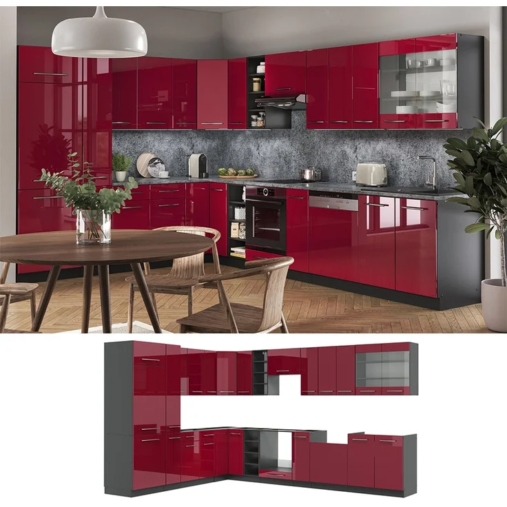 Eckküche Fame-Line Bordeaux Hochglanz/Anthrazit 347 x 257 cm, AP Anthrazit Vicco – Bild 2