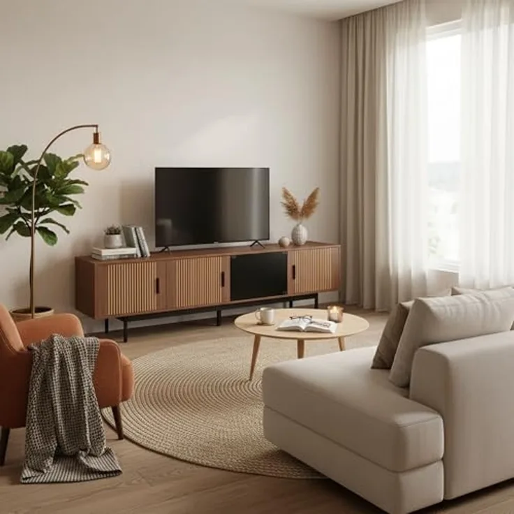 FurnitureR TV-Lowboard mit geschnitzter Holzoptik, Doppel-Schubladen & breiter Ablagefläche für Moderne Wohnzimmer