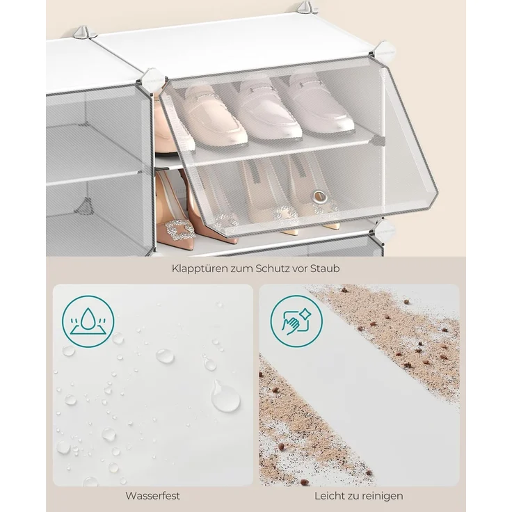 SONGMICS Schuhregal, Schuhschrank, für Garderobe und Eingangsbereich, anpassbar, 16 Fächer, für bis zu 64 Paar Schuhe, wolkenweiß-transparent LPC045WH01 – Bild 8