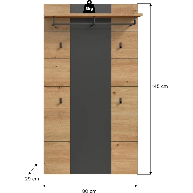 Garderobenpaneel >Canu< in Basalt Grau / Artisan - 141x80x29cm (BxHxT) – Bild 3