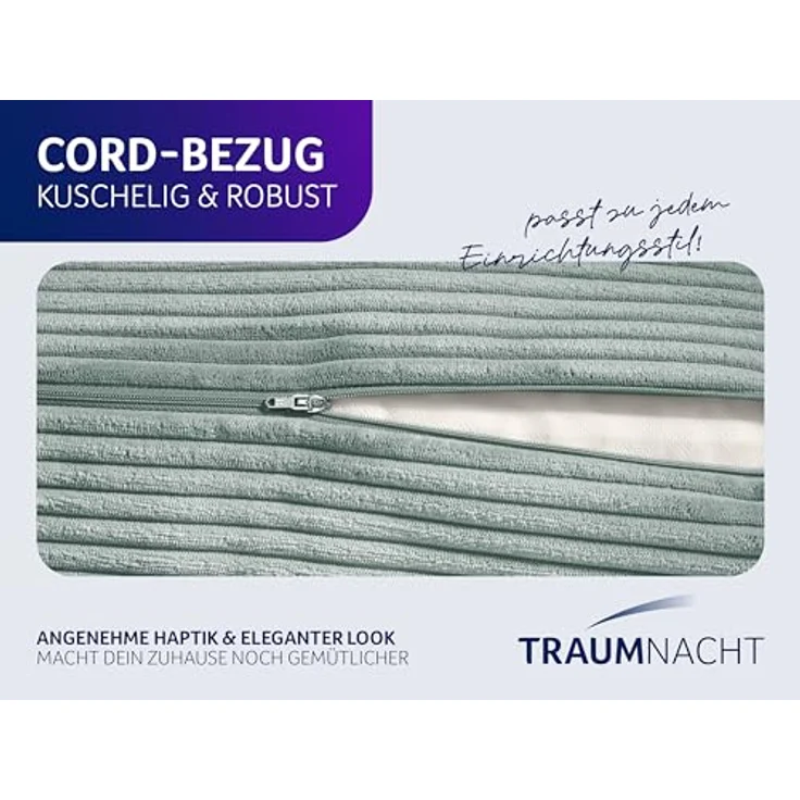Traumnacht Cozy Rückenkissen, Lesekissen, 70x40 cm, türkis, Abnehmbarer,waschbarer Bezug aus gemütlichem Kord, praktisches Seitenfach, Öko-Tex Zertifiziert, produziert nach deutschem Qualitätsstandard – Bild 5