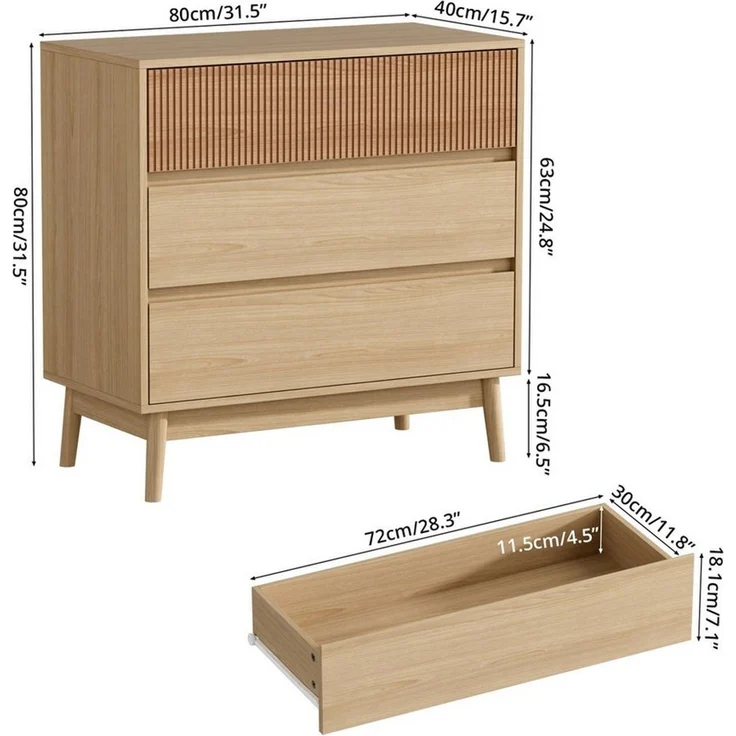 VOWNER Kommode Grifflose Schubkastenkommode im skandinavischen Stil mit 3 Schubladen (1 St), Aufbewahrungskommode, Nachttisch, 80x40x80 cm – Bild 2