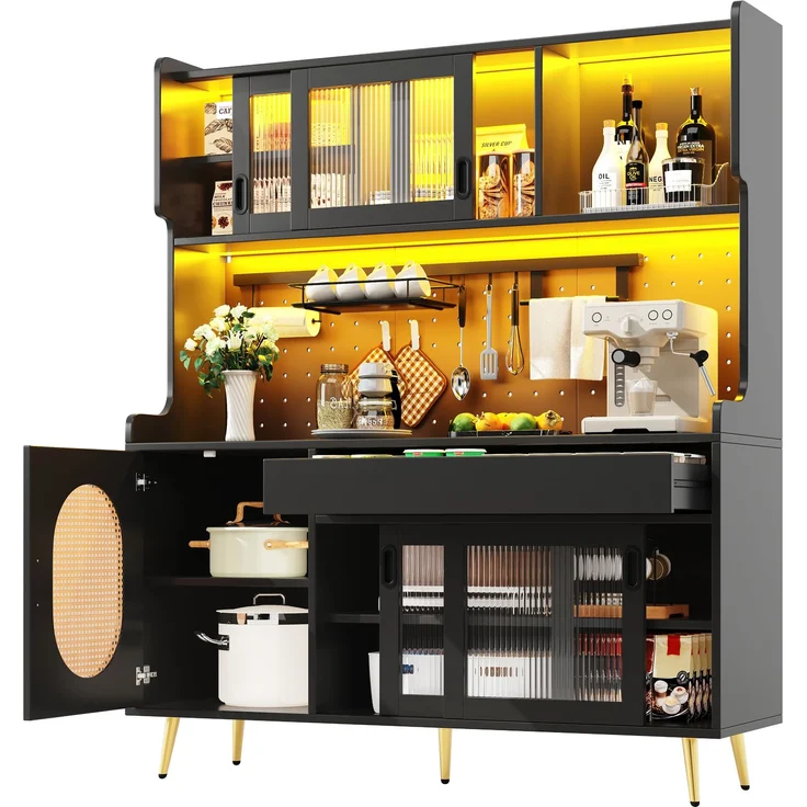 Seitenboard / Aufbewahrungsschrank / Küchenschrank / Buffetschrank, 145x39x171cm, Landhausstil, 5 Türen, mit LED-Lichtleiste & Ordnungslockplatte, Fluted Glas Türen, Braun/Schwarz – Bild 7