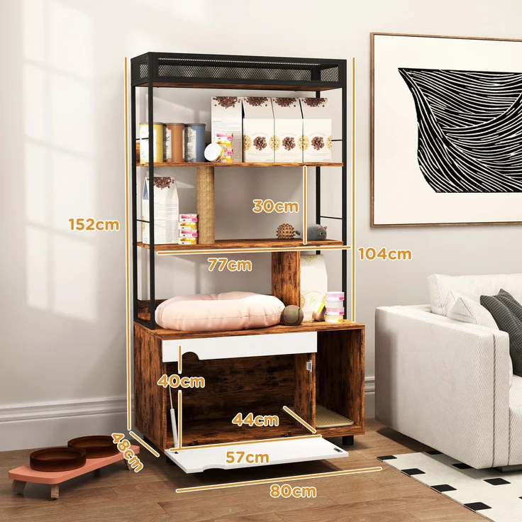 Katzentoilette mit 3-Ebenen-Regal und Kratzpfosten, Geschlossenes Katzenklo, 80 x 48 x 152 cm, Braun--Rustikal-Braun--152x48x80cm--YOUDENOVA – Bild 5