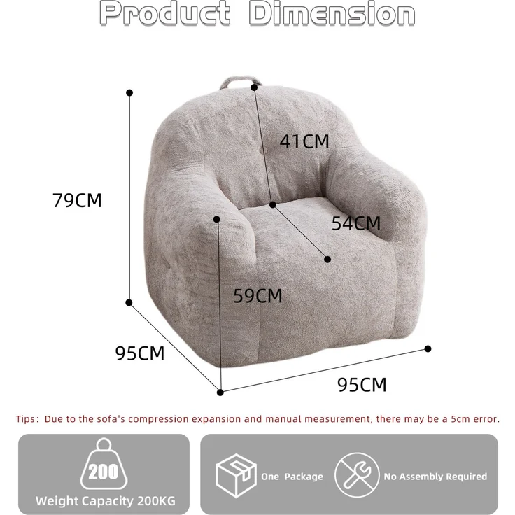 Sitzsack-Sessel in Hellgrau 95cm×95cm×79cm aus Samtoptik mit Armlehnen und ergonomischer Rückenlehne – Bild 7