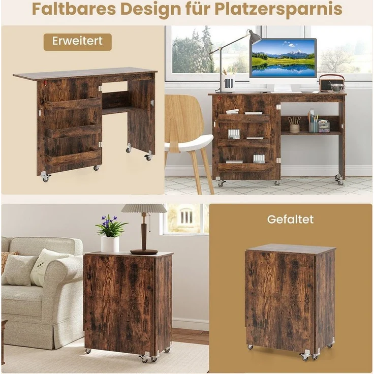COSTWAY Schreibtisch, Nähtisch klappbar, Nähschrank mit Rollen, Holz – Bild 2
