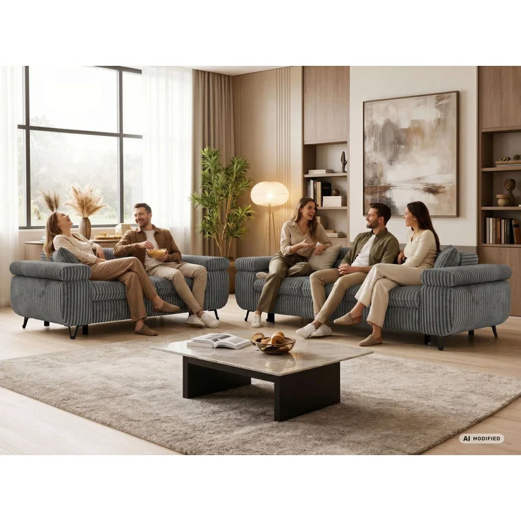 Sofagarnitur PETER 2-3 mit Schlaffunktion, verstellbare Kopfstützen und Armlehnen, freistehend, Wellenfederung, Couchgarnitur - Beige Velvet – Bild 3