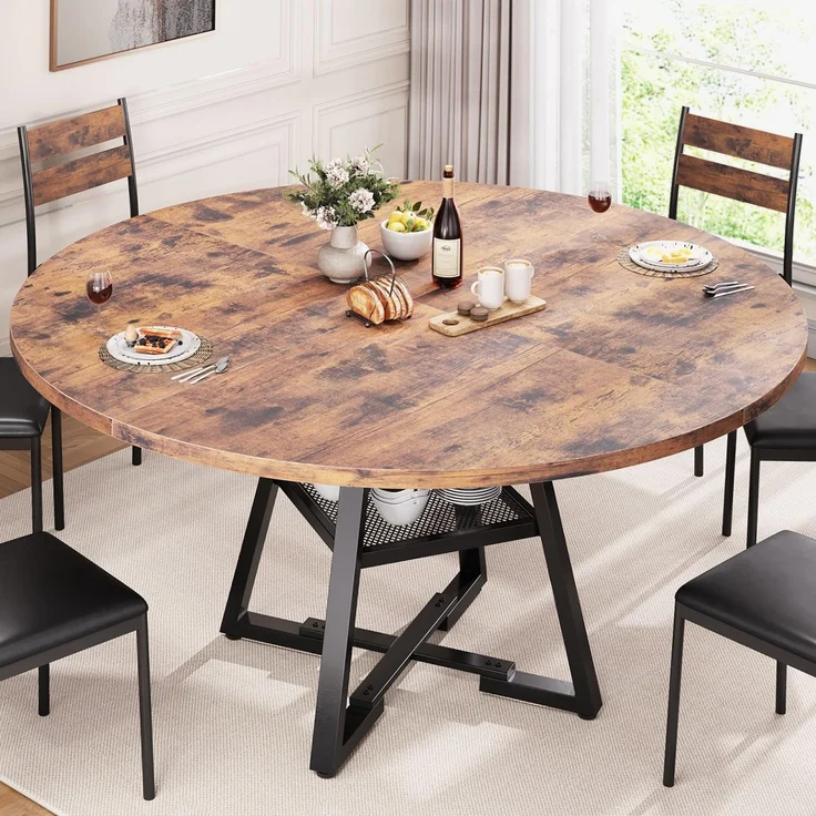 Jocoevol Esstisch Runder für 4-6 Personen, Esszimmertisch mit Ablage, platzsparender Küchentisch aus Holz im Industrial Design (Vintage Braun, 130 x 130 x 76 cm)