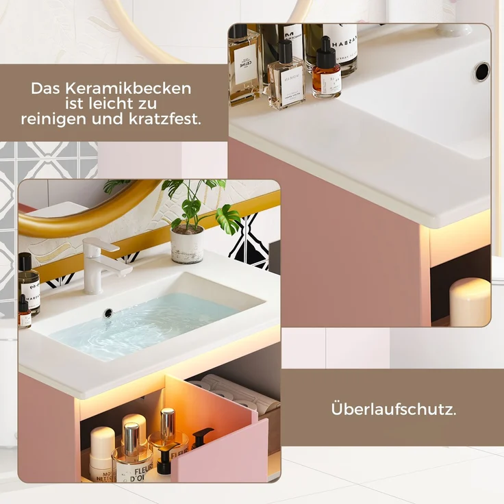 76*47*89cm, freistehender Badezimmerwaschtisch, komplett lackiert, LED-Radarsensorleuchte, Soft-Close-Scharniere, integriertes Waschbecken, hohes Fußdesign, rosa. – Bild 9