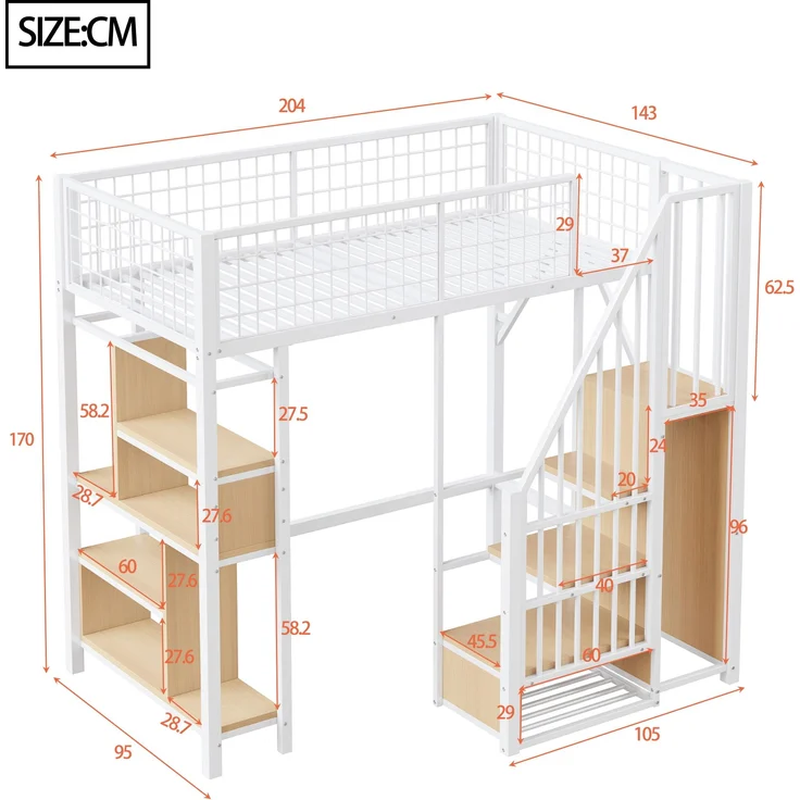 Bett 90x200 cm Hochbett mit Stauraumtreppe – platzsparendes Weißes Metall-Holz-Design – Bild 5
