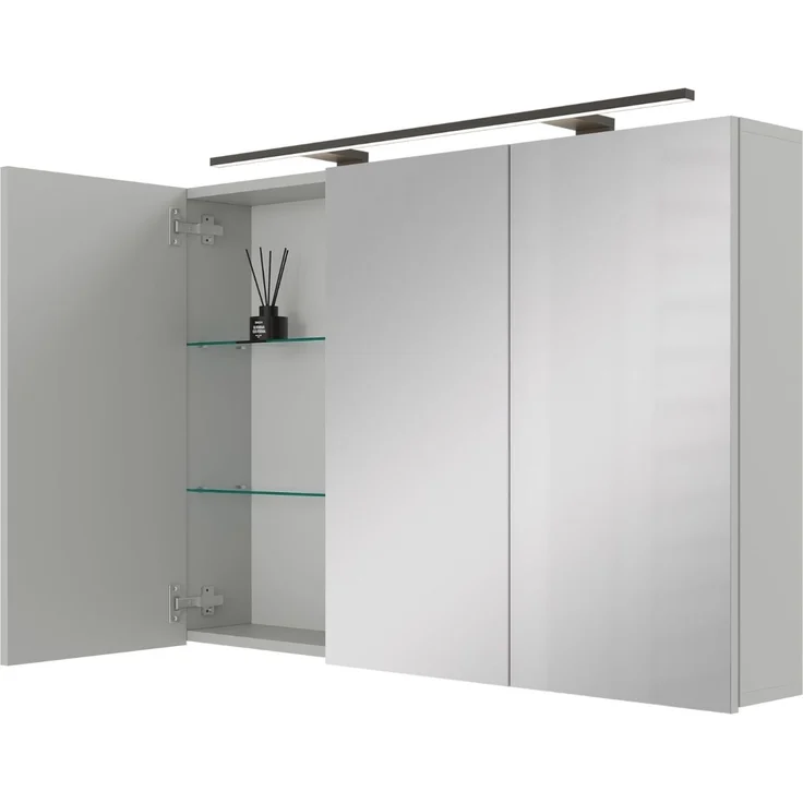 Planetmöbel ARIA Spiegelschrank Bad mit Beleuchtung 100 cm breit | Badschrank hängend mit Spiegel | Weiß Grau, mit Leuchte und Steckdose, Spiegelschrank Gäste WC 100 x 70 x 16 cm – Bild 1
